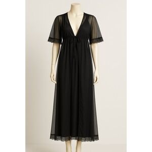 VTG Black Nylon Peignoir Robe & Nightgown Set Lace Trim Sheer Lingerie 1960s-70s